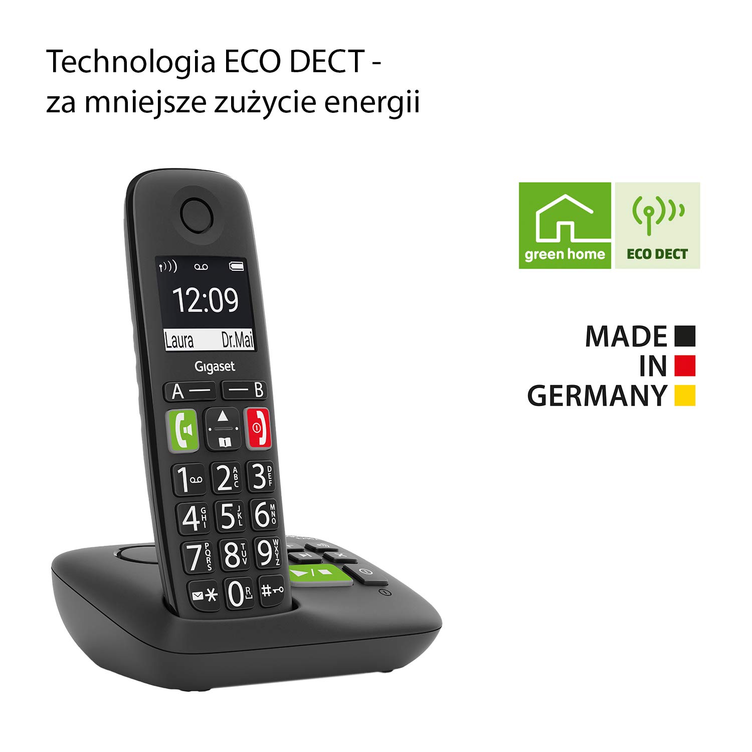 Gigaset E290A - Telefono per anziani senza fili con segreteria telefonica con tasti grandi - Display grande, tasti di scelta rapida Numeri importanti, amplificatore di volume