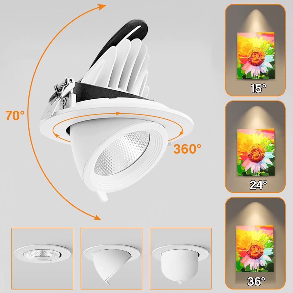 Foco LED de iluminación empotrada,12 W,20 W,30 W,35 W, CRI 90+ COB LED Downlight de Techo, Ajustable hacia Arriba y hacia Abajo 70°, se Puede Girar 360° Downlight Empotrado, Paquete de 6