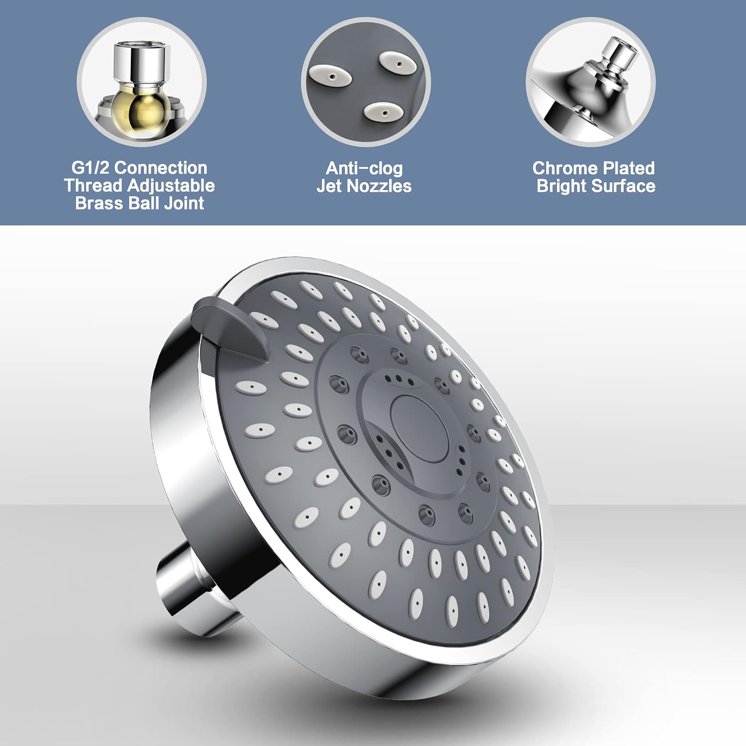High Pressure Shower Head, Upgraded 5 Spray Settings Adjustable Bathroom Shower Head, Fixed Showerhead 360°Rotatable Rain Showerhead High Flow Shower Head Adjustable Metal Swivel Ball Joint