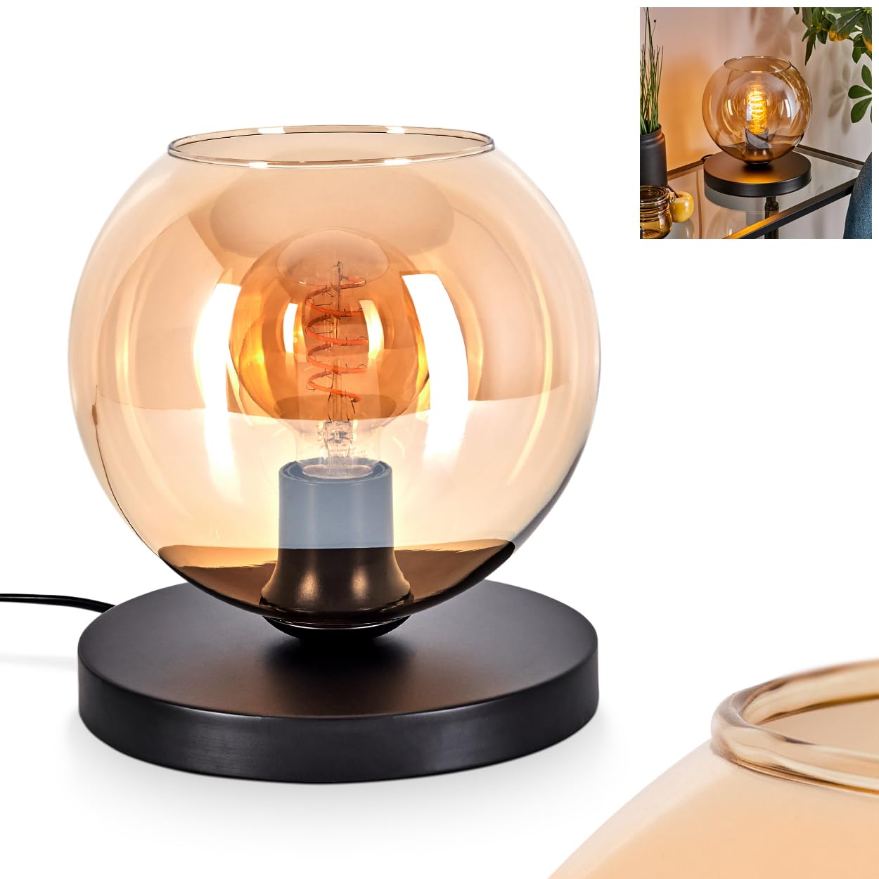 Hofstein Black/Amber Koyoto Table Lamp, Metal / Glass Table Lamp In Industrial / Retro / Vintage Design With Glass Shade (Diameter 20 Cm) And On/Off Switch On Cable, 1 X E27, Bulb Not Included
