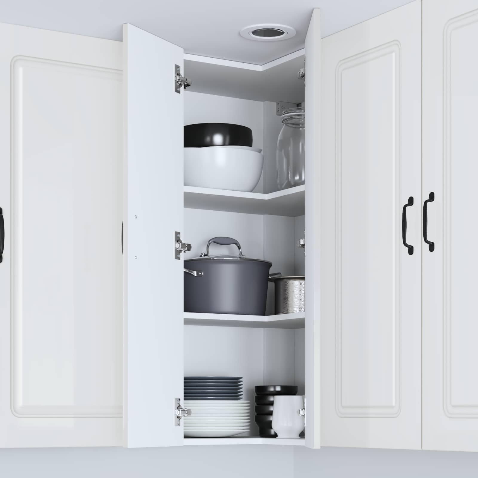 Kalmar - Armario esquinero de pared para cocina, color blanco brillante, 57 x 57 x 100 cm, material de madera, armario de cocina con gran espacio de almacenamiento, diseño moderno para cocina