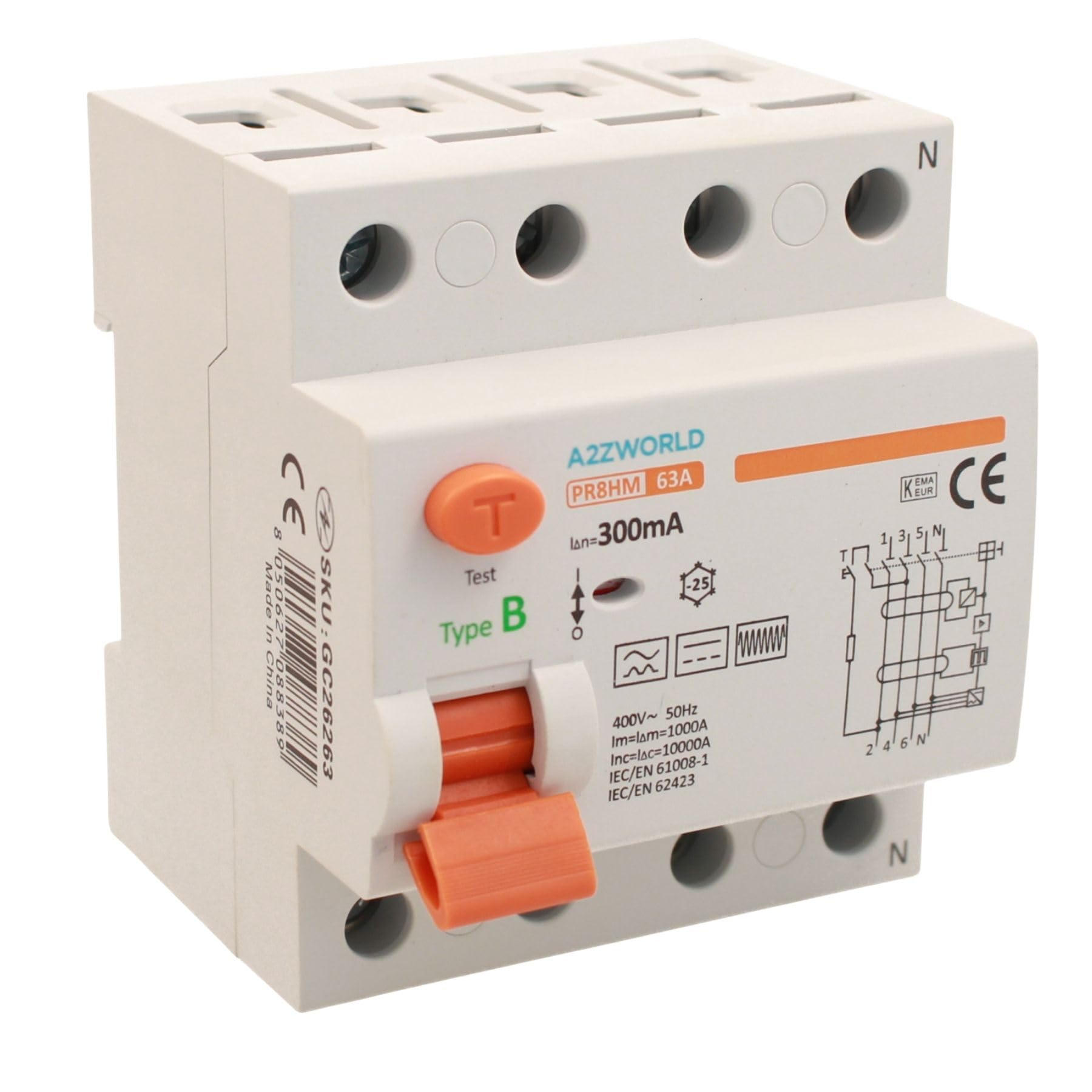 Interruttore Differenziale Puro Tipo B Trifase, Salvavita 300mA 63A, RCCB 3P+N 10kA 380V, 4 Moduli DIN, Serie PR8HM Elettromagnetica, Certificato IEC61008-1