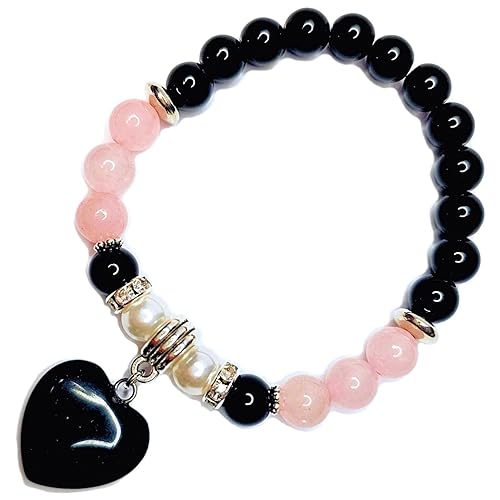 Onyx Heart Charm Bracelet GENUINE NATURAL STONES Handmade Bracelet Black Onyx Pearls Rose Quartz Powerful HEART CHAKRA Stone Birthstone Bracelet USA