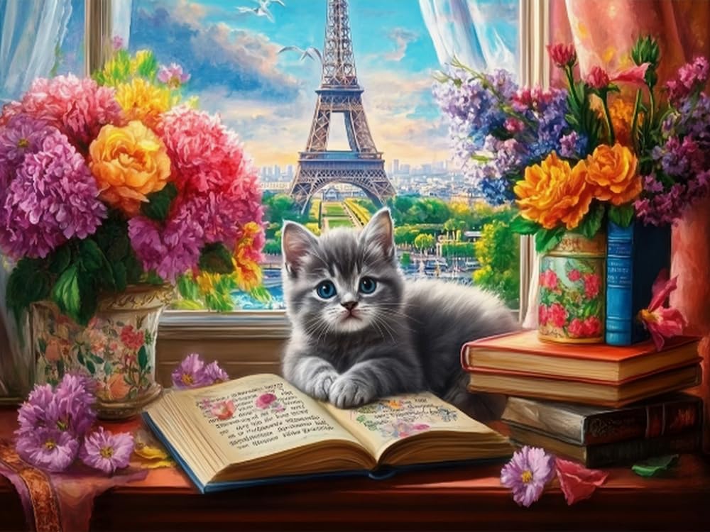GLTEYACO 5D Diamond Painting Diamond Art Kits DIY Adult Beginner Diamond Crafts Home Wall Decoration Cat on a Desk 40x50 cm