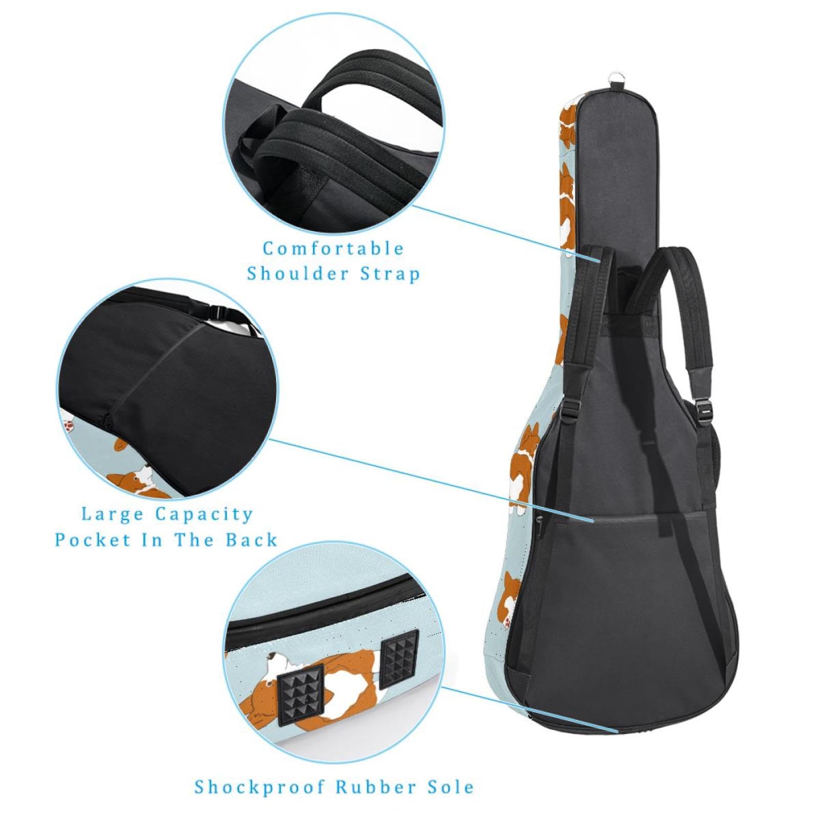 Torba na gitarę akustyczną Wodoodporny plecak na gitarę Gruby miękki wyściełany Corgi Klasyczna obudowa na gitarę, wielobarwny, 42.9x16.9x4.7 in, Organizer do torby
