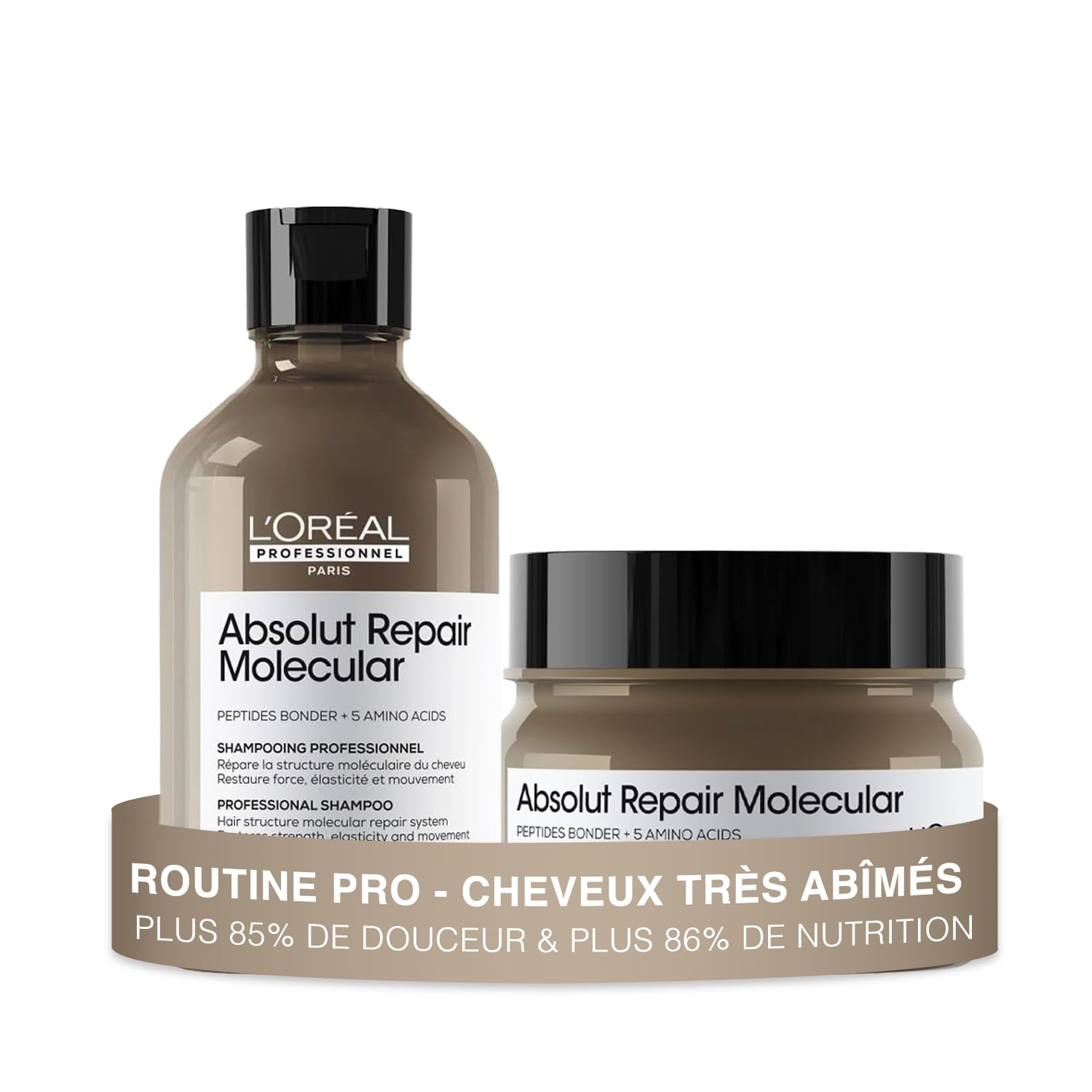 L'OREAL PROFESSIONNEL - Routine Pour Cheveux Très Abîmés - Absolut Repair Molecular - Répare & Adoucit - +94% de Force - Cheveux 85% Plus Doux & Nourris - Shampoing (300ml) + Masque (250ml)