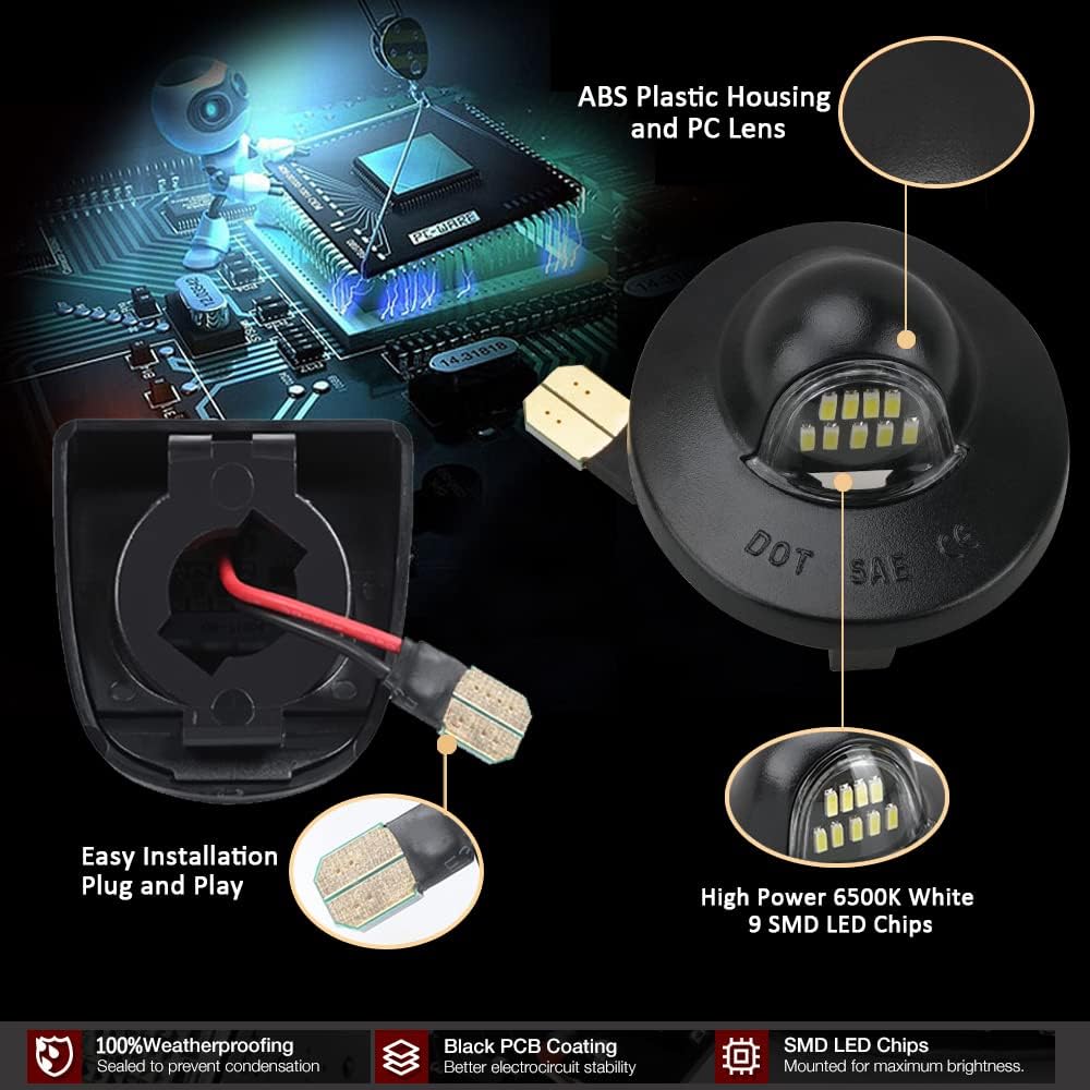 D-Lumina LED License Plate Light Tag Lamp with Socket Wiring Kit for F150 F250 F350 F450 F550 Super Duty Ranger Explorer Bronco Excursion Expedition, Powered by 9-SMD 6500K White Tag Lights, Pack of 2