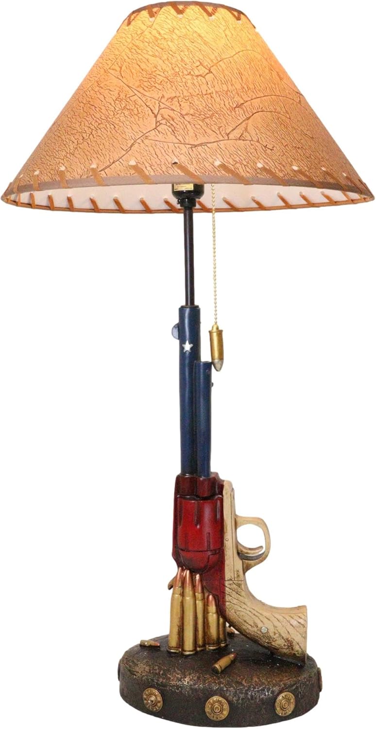 Ebros Gift Western Texas Flag Colors Six Shooter Revolver Gun Pistol with Bullet Shell Casings Desktop Bedside Table Lamp Wild Wild West Country Rustic Home Decor Accent