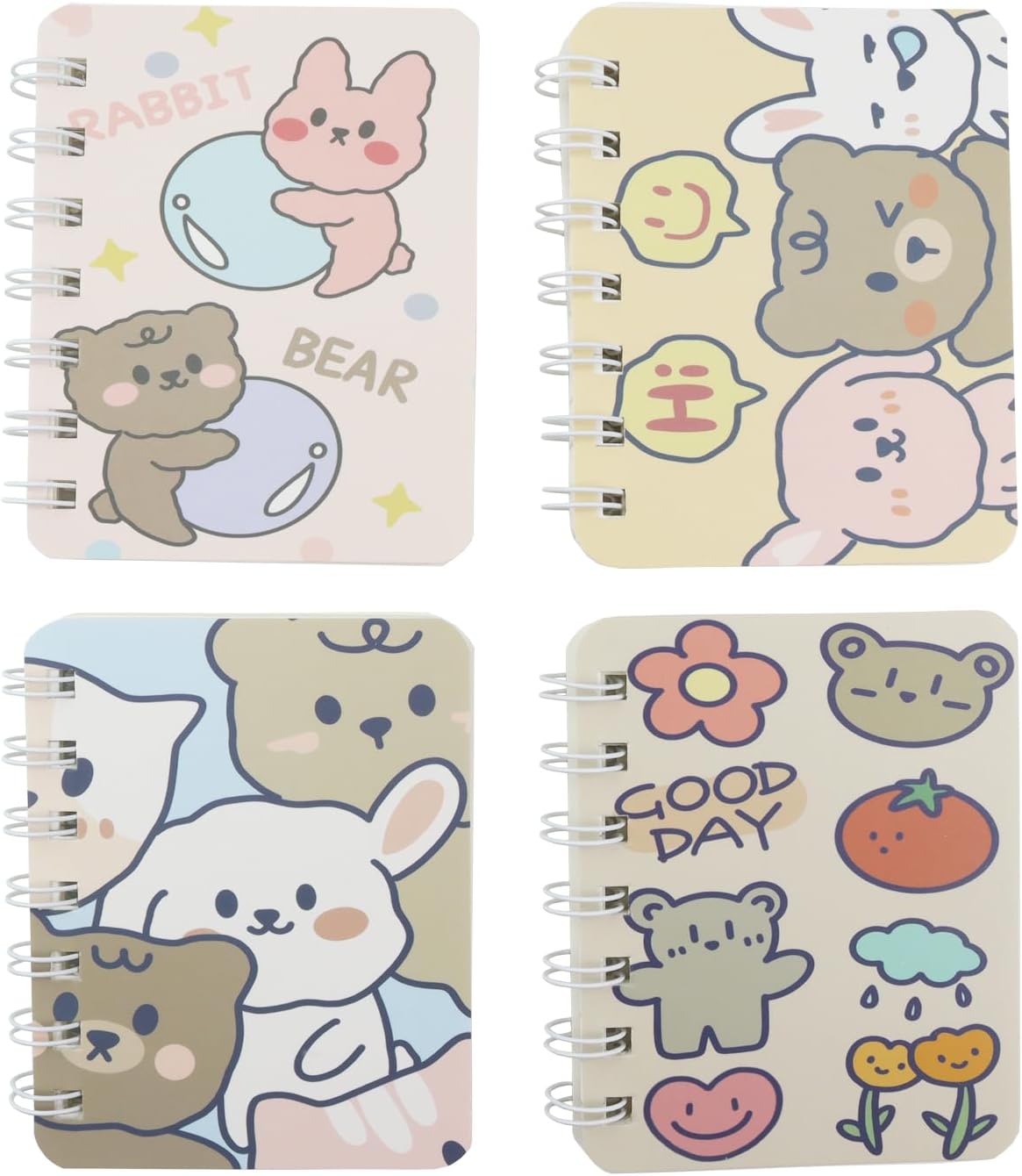 4Pcs Small Spiral Notebooks,Ruled Pages 80 Sheets(160 Pages) Pocket Notebooks,3.15 x4 Inch Mini Memo Notepads (Bear&Rabbit)