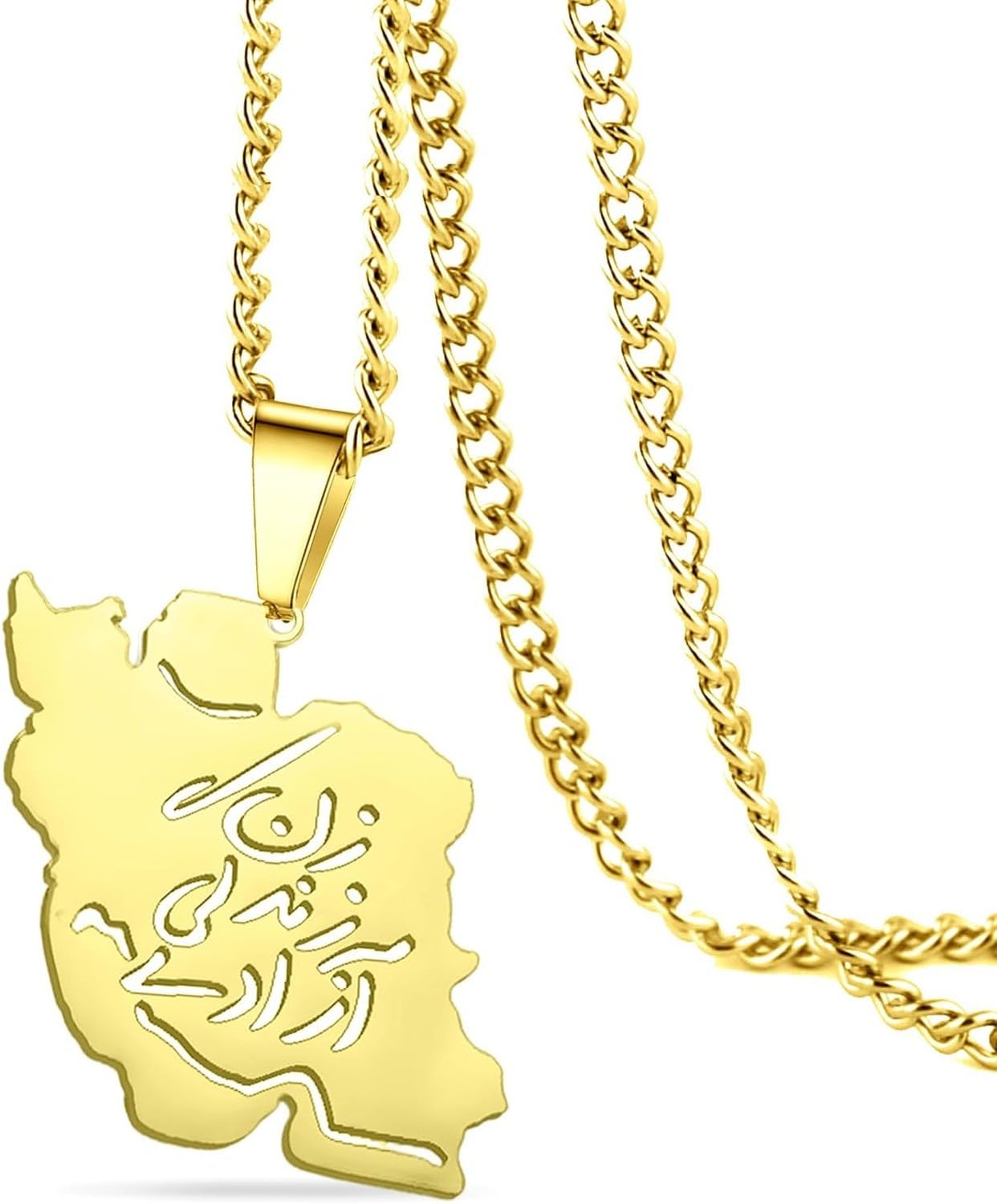 GIOFEOIK Iran Map Pendant Necklace with Dove Flag Colour CZ Stainless Steel Persian Patriotic Jewellery Gift for Women Men, gold 8