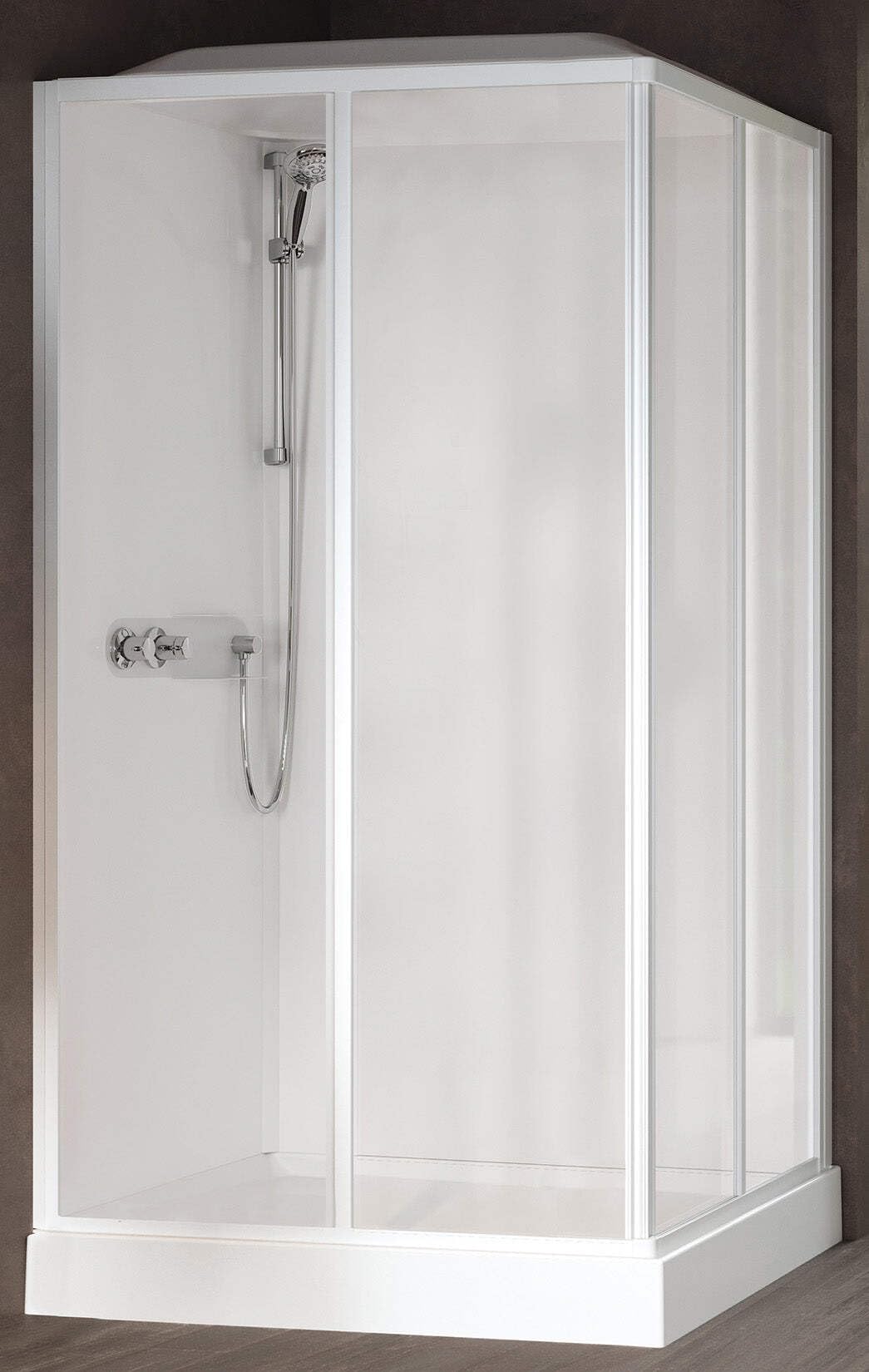 Novellini Media Glass A Standard Techo Alcachofa 90 x 70 cm Cabina de ducha multifunción Apertura corredera montaje esquina mezclador termostático cristal transparente perfil blanco altura 226 cm
