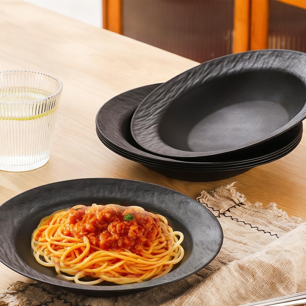 Set da 6 pezzi Piatti da Pasta 22x3,5cm Piatti Fondi in Plastica Riutilizzabili set di Piatti Nero per Pasta, Insalate, Bistecche