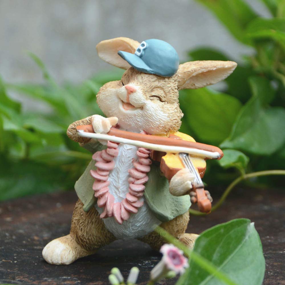 Rabbit Garden Ornaments, Creative Cute Rabbit Figurine, Violin Music Rabbit Statues for Desk Planter Flowerpot Bonsai Decor