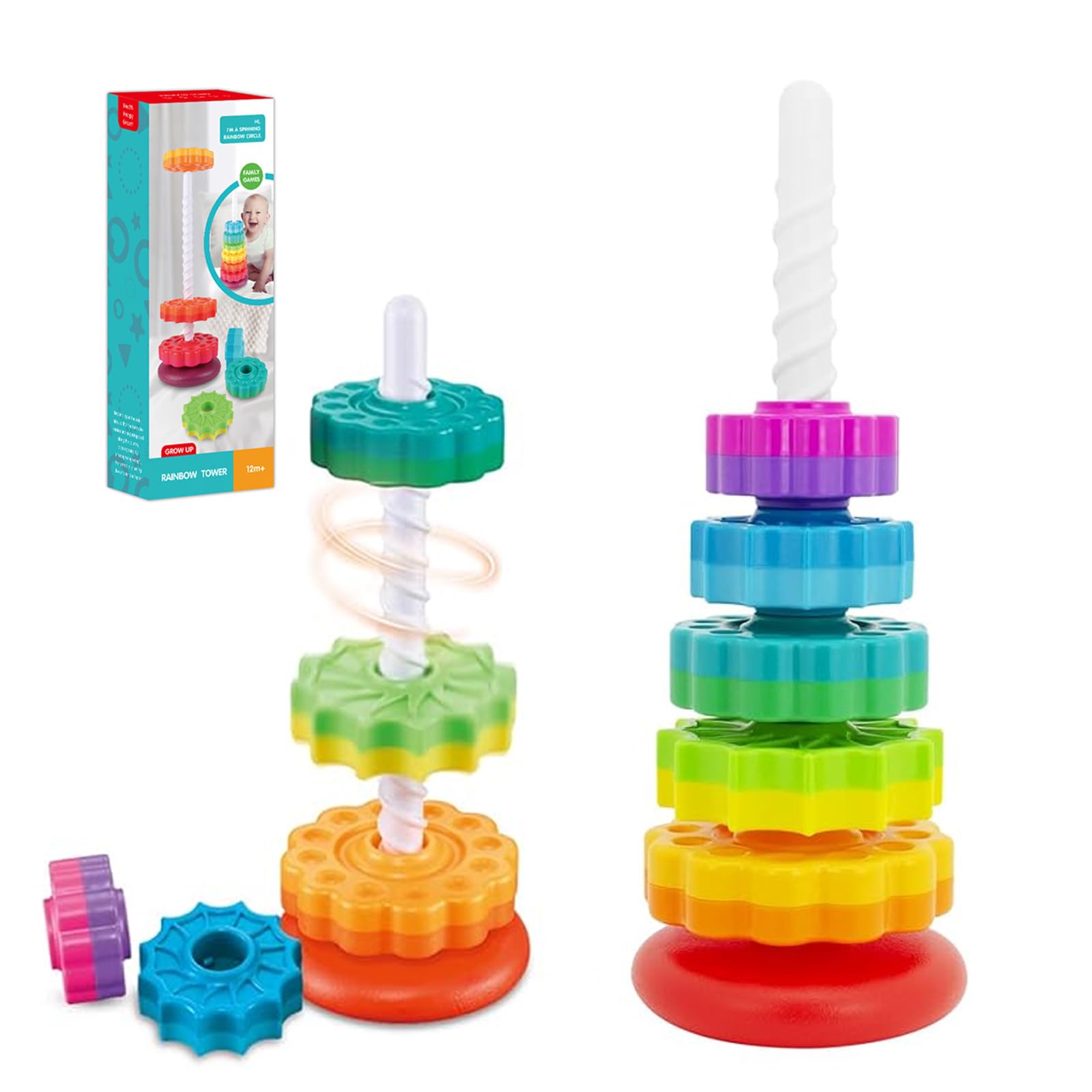 JiaQuenWex Spinning Toys - 5Pcs Stacking Toys & Stacking Rings, BPA-Free Early Educational Toys for 12 Months+, Rainbow Sensory Gears for Baby Einstein Development