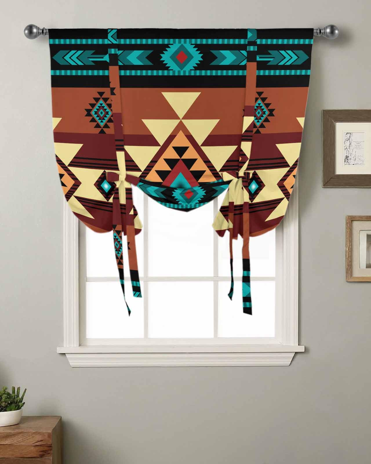 Turquoise Red Tie Up Curtains for Windows 45 Inch Length Balloon Curtains Kitchen Adjustable Balloon Window Shade Southwest American Native Abstract Pattern Tie Up Bathroom Curtain Window 52