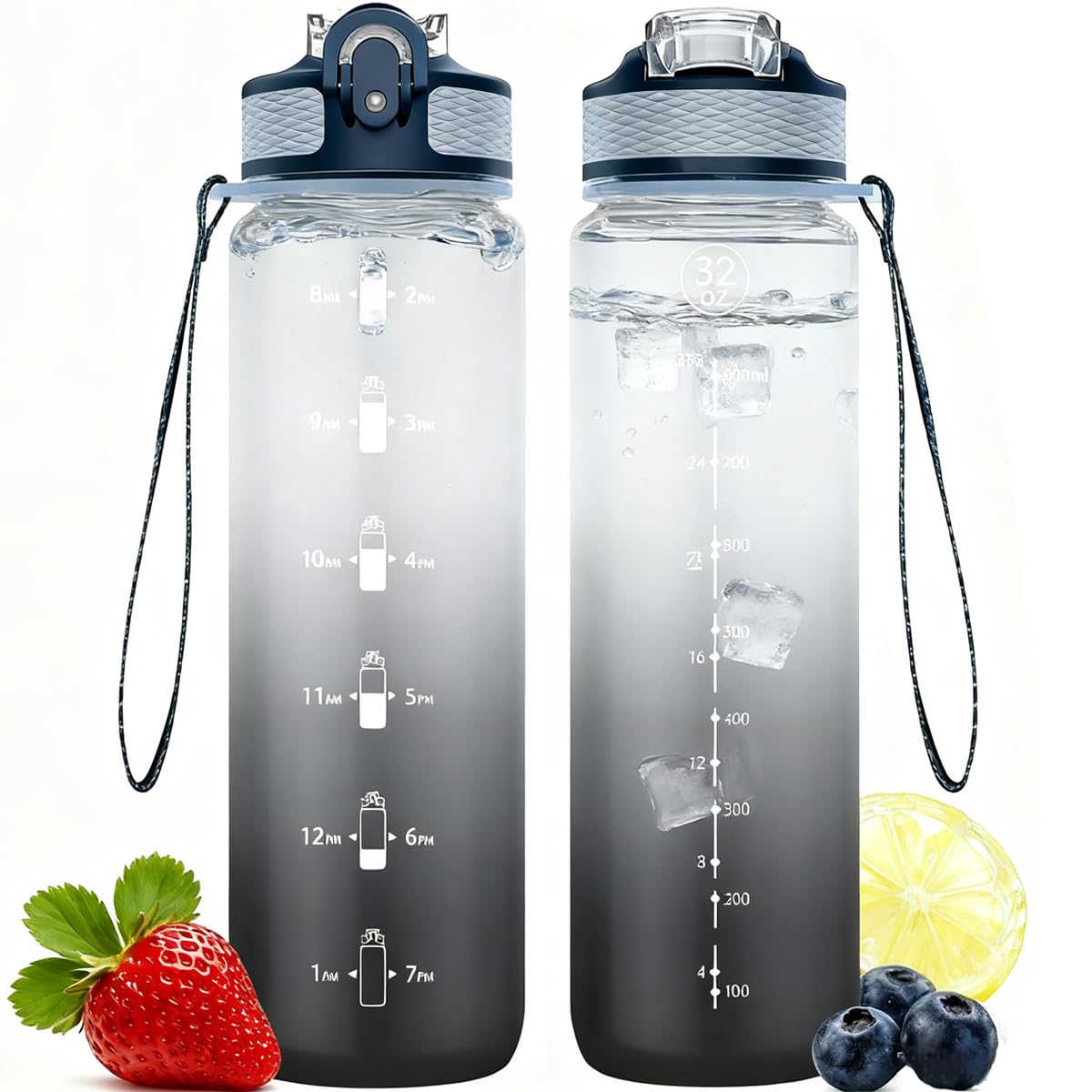 NAVTUE Water Bottle, 1L Sports Water Bottle with Straw, Time Markings, Leak Proof, Tritan BPA free for School, Cycling, Running (1 Bottle)