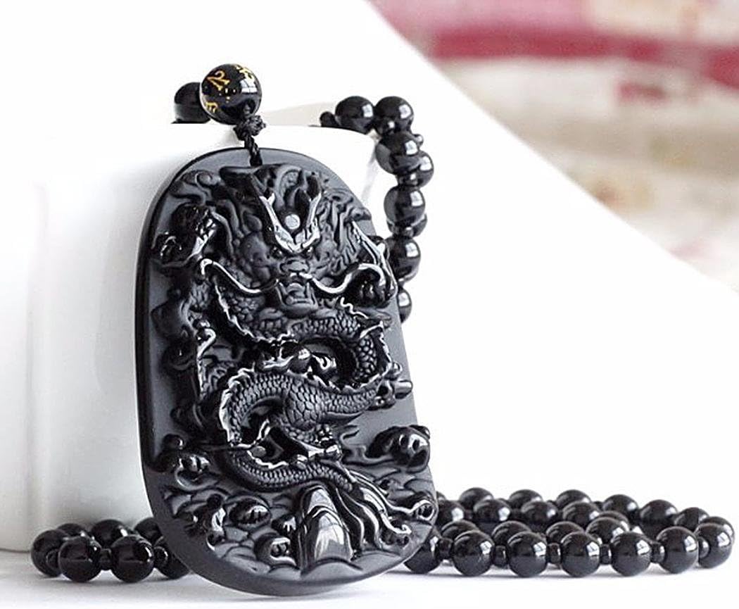 New Natural Hand-Carved Black Obsidian Dragon Necklace with Adjustable Rope