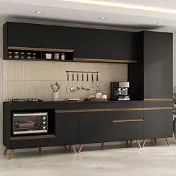 Cozinha Modulada Completa Compacta 5 Pçs com Balcão para Cooktop Veneza Multimóveis Mp2266 Preto/dourado