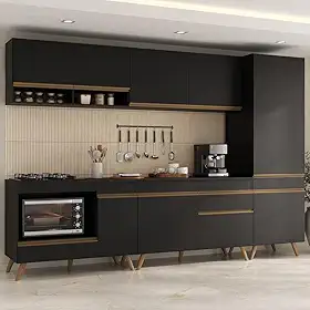Cozinha Modulada Completa Compacta 5 Pçs com Balcão para Cooktop Veneza Multimóveis Mp2266 Preto/dourado