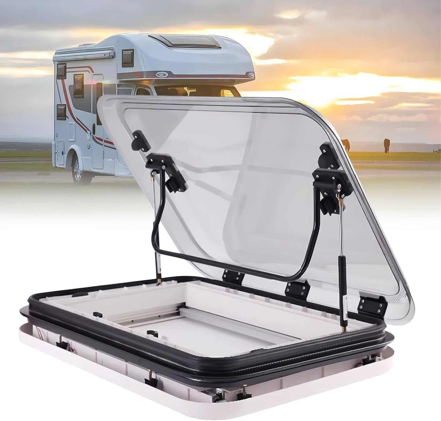 Memykoy RV Caravan Roof Vent, RV Skylight Roof Vent Hatch, Large Caravan Camper Roof Window Vent Kit w/LED Lights, Nets & Sunshade, for Trailer Modified Car Caravans Camper 50x50cm