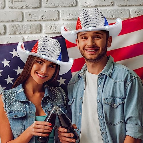 Image of Wesiti Light Up Red White and Blue Patriotic Cowboy Hats, LED American Sequin Cowgirl Hat, 4th Of July Sparkly Cowboy Hats for Women and Men Western Independence Day Party Supplies(12 Pcs)