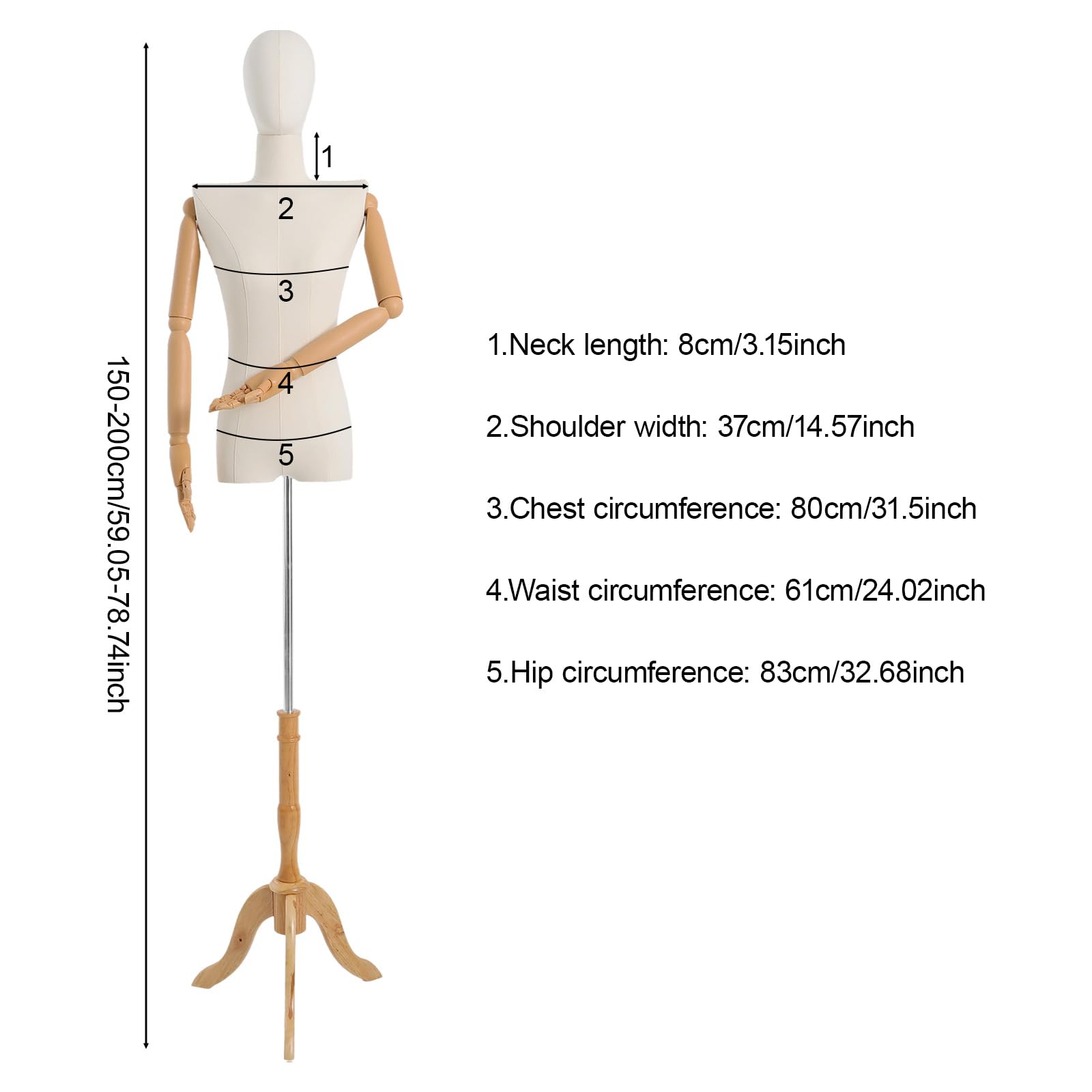 Manichino da sartoria femminile con testa girevole e braccia flessibili, altezza regolabile 155 – 200 cm