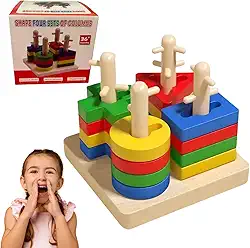 Brinquedo Educativo Pedagógico de Madeira Montessori – Encaixe de Formas Geométricas Coloridas, Jogo Empilhável Infantil para Coordenação Motora, Aprendizado, Cores e Formas 1 2 3 4 5 anos