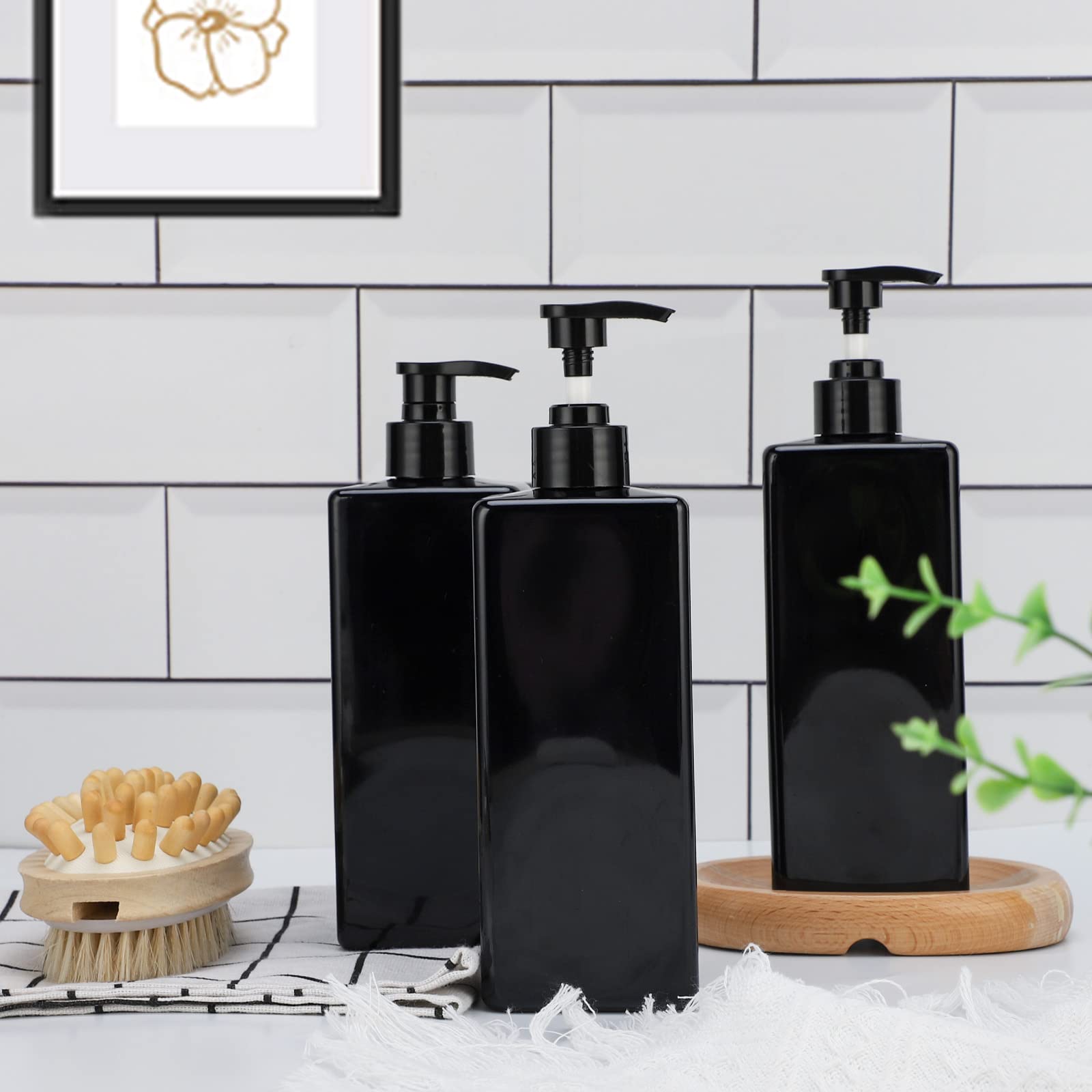 Suream Shampoo- und Conditioner-Spender-Set, 3 Stück, 479 ml, Badezimmer-Seifenflasche mit 4 Etiketten, nachfüllbarer Spender aus Kunststoff mit Pumpe für Küche, Büro, Reisen, Restaurant, schwarz