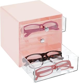 mDesign Stackable Plastic Eye Glass Storage Organizer Box Holder for Sunglasses, Reading Glasses, Lens Cleaning Cloths, and Accessories - 3 Divided Drawers, Chrome Pulls - Light Pink/Clear