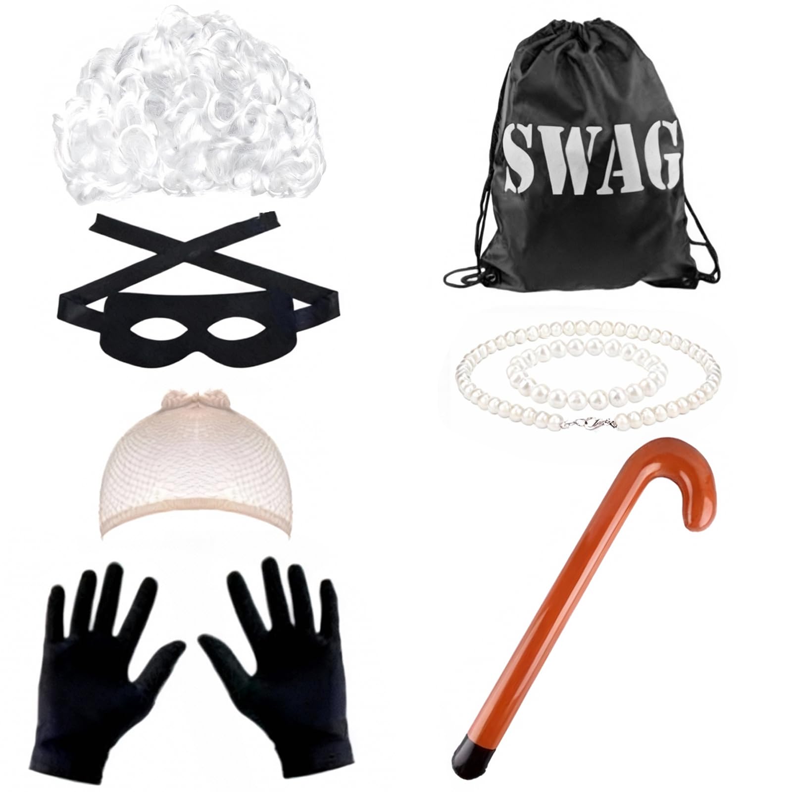 XDGBGFN Thief Granny Costume Set including Old Lady Wig Black Eyemask and Gloves Swag Bag pearl necklace Bracelet for adult World Kids Book Day Dress Up