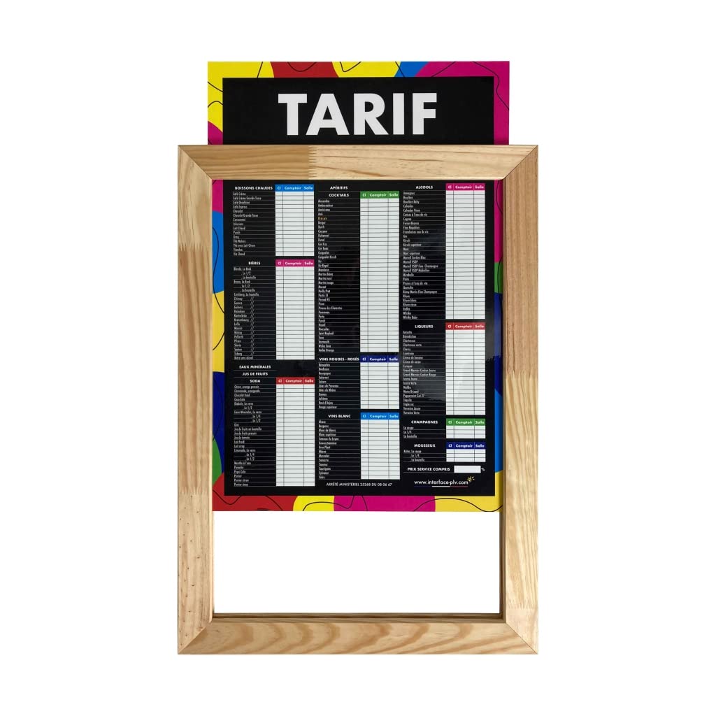 Panneau bois brut "TARIF DES CONSOMMATIONS" moderne dimensions 60 x 40 cm