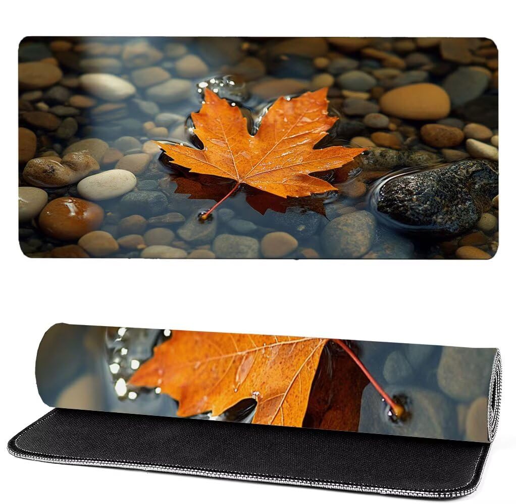 Podkładka pod mysz XXL 1400 x 600 x 3 mm liście, podkładka pod mysz do gier rzeka, poprawa precyzji i szybkości, podkładka pod mysz do gier antypoślizgowa gumowa podstawa, dekoracja biurka MM-653