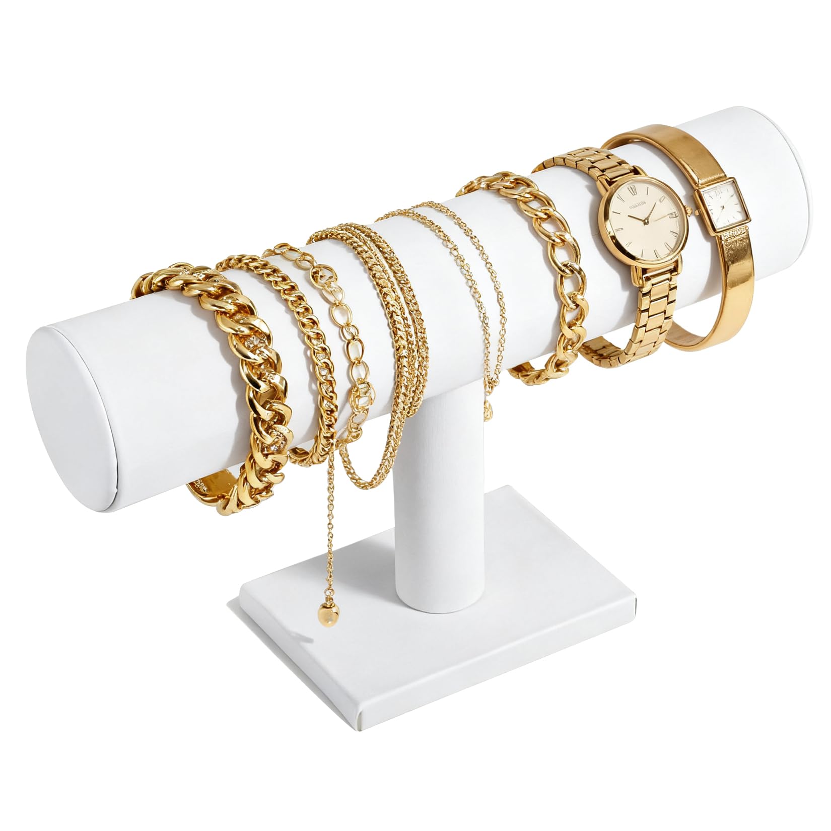 Teninyu White Leatherette Hovering T-Bar Bracelet Necklace Earring Bangle Pendants Anklet Tower Watch Key Jewelry Display Stand For Home Organization (White Leatherette)