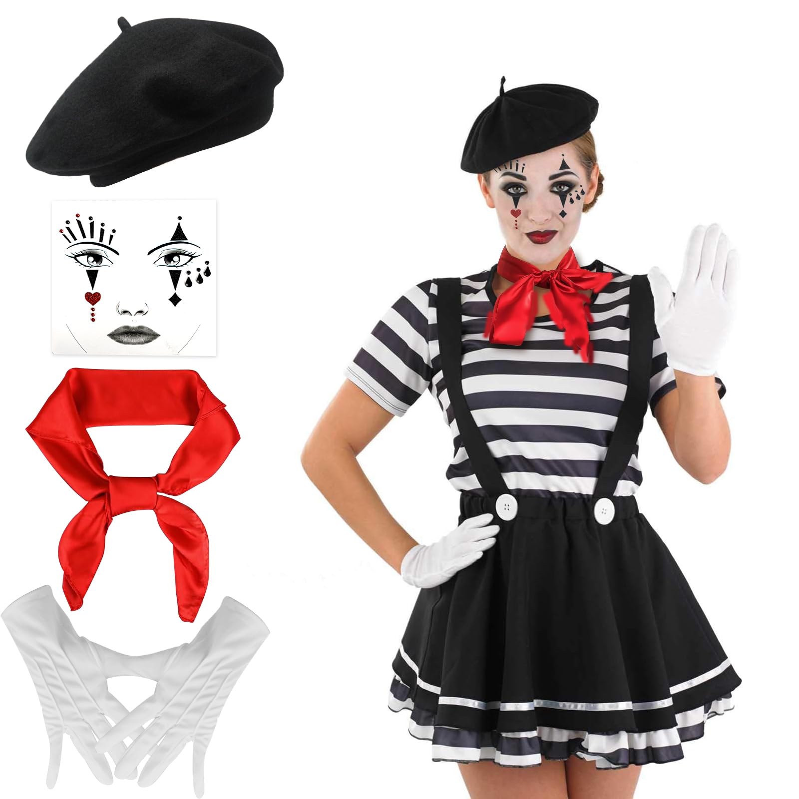 Disfraz de payaso de circo para mujer en blanco y negro, disfraz de mime de Halloween, con boina, bufanda, guantes, calcetines de tatuaje, tirantes, para Halloween, carnaval, adolescentes