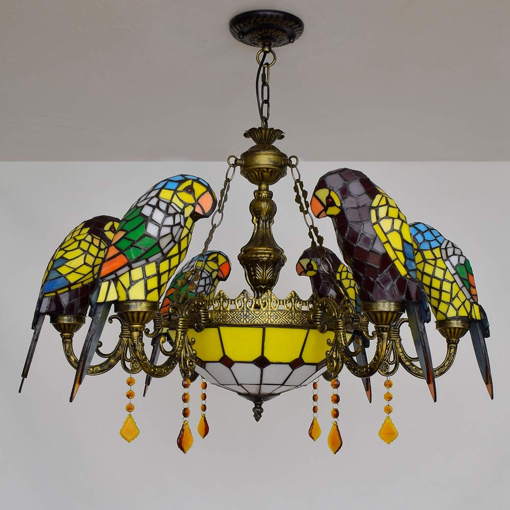 Żyrandol Tiffany 32" w stylu Tiffany'ego Kolorowa papuga Lampa wisząca Lobby Living Dining Bar Witraż Żyrandol z 6 ramionami i 12" odwróconą lampą sufitową