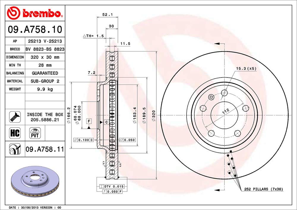 Image secondaire de Brembo 09.A758.11 - Disque du Frein Avant avec revêtement anti-corrosion UV - 1 Disque