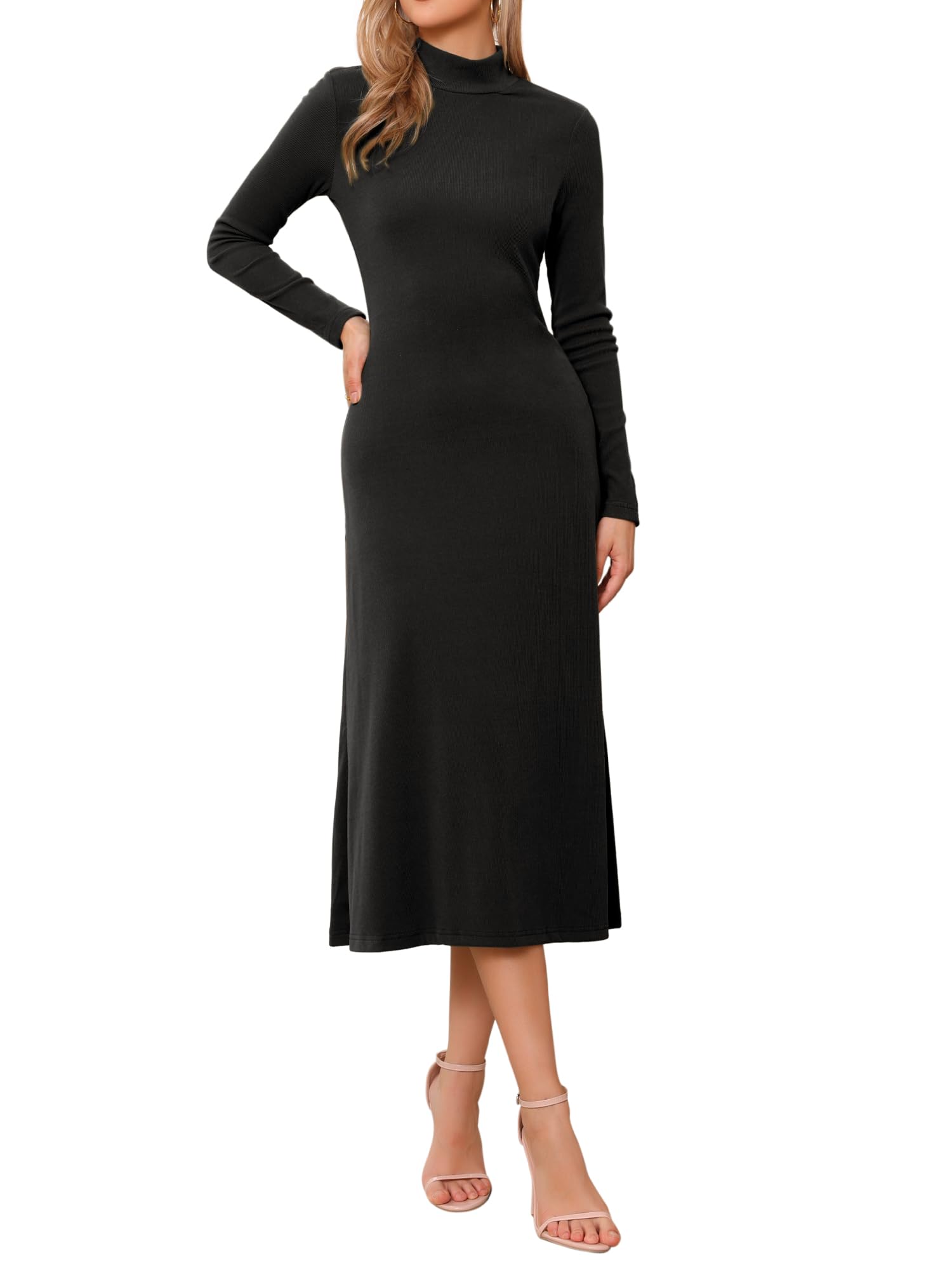 Allegra K Robe longue pull pour femme, col roulé décontracté, basique, manches longues, extensible, fluide, en tricot côtelé