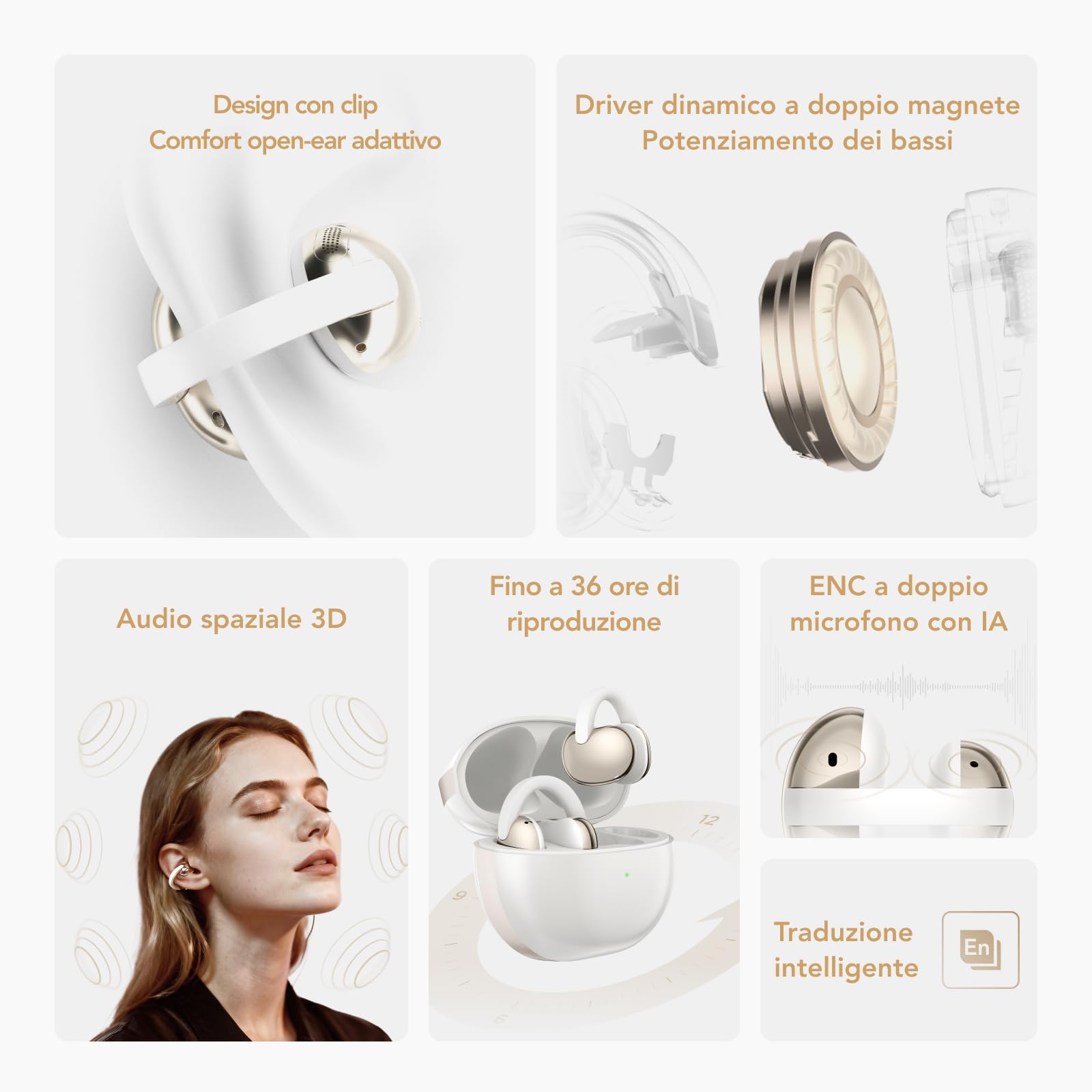 TCL CrystalClip, design a clip, miglioramento dei bassi, suono spaziale 3D, fino a 36 ore di riproduzione, Bianco lunare