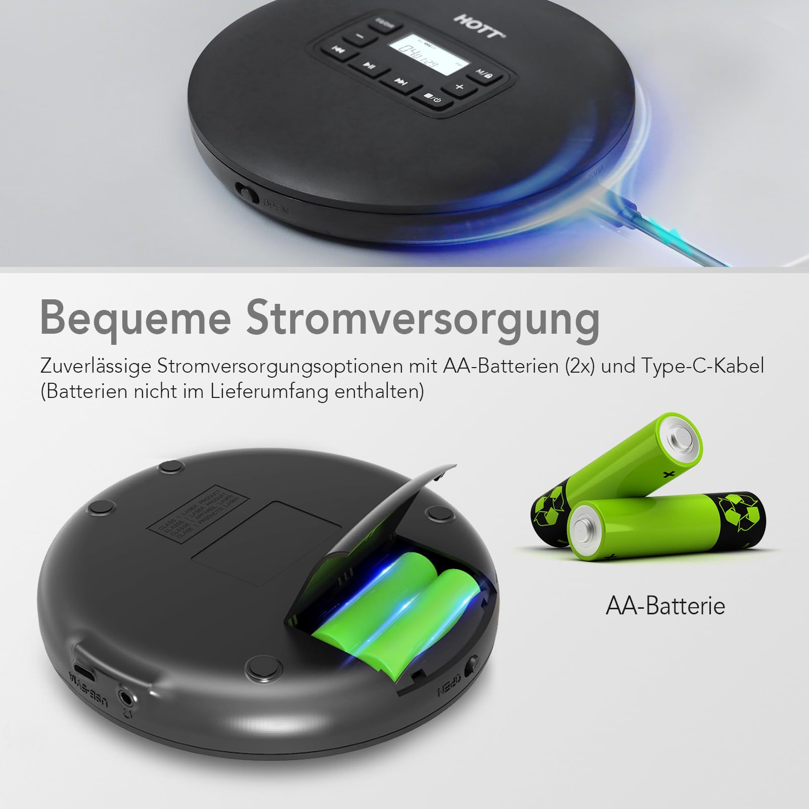 HOTT Tragbarer CD Player mit Tastensperre, dualer USB-C & Batteriestromversorgung sowie ASP-Anti-Shock, ausgestattet mit 3,5-mm-AUX-Ausgang – perfekt für Musik, Lernen und Geschenke (Schwarz)
