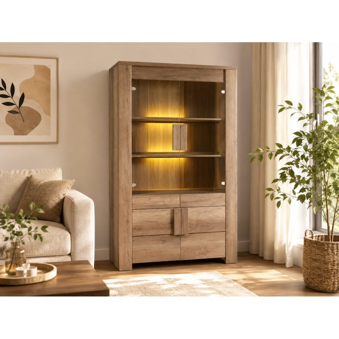 Vitrine FARRA – 4 portes avec LED – Chêne dab canyon – 120 x 195 x 47 cm