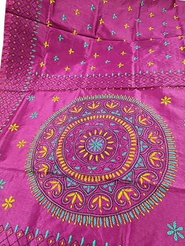 Image of SHRISTI CLOTHINGS Women's Hand Embroidered Cotton Silk Kantha Stitch Saree with Blouse Piece (SB420324 PURPLED16)
