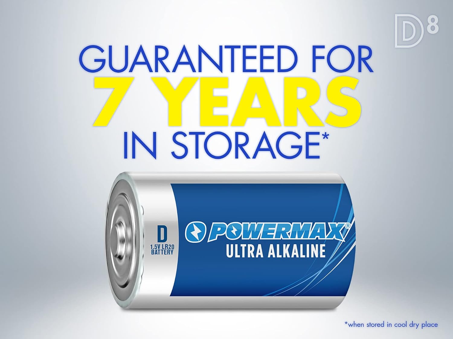 Powermax 8-Count D Cell Batteries, Ultra Long Lasting Alkaline Battery, 7-Year Shelf Life, Reclosable Packaging