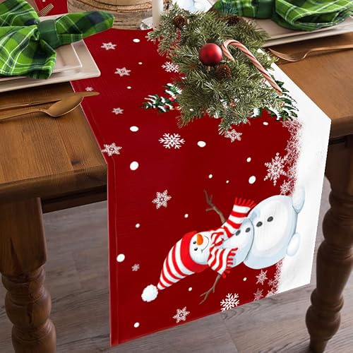 Chirstmas Table Runner 72 Inches Snowman Rustic Red Snowflake Bed Runner Dress Scarves, Farm Xmas Tablerunner For Dining Party Family Holiday Classic Kitchen Decor 13 X 72 Inch #TOP1
