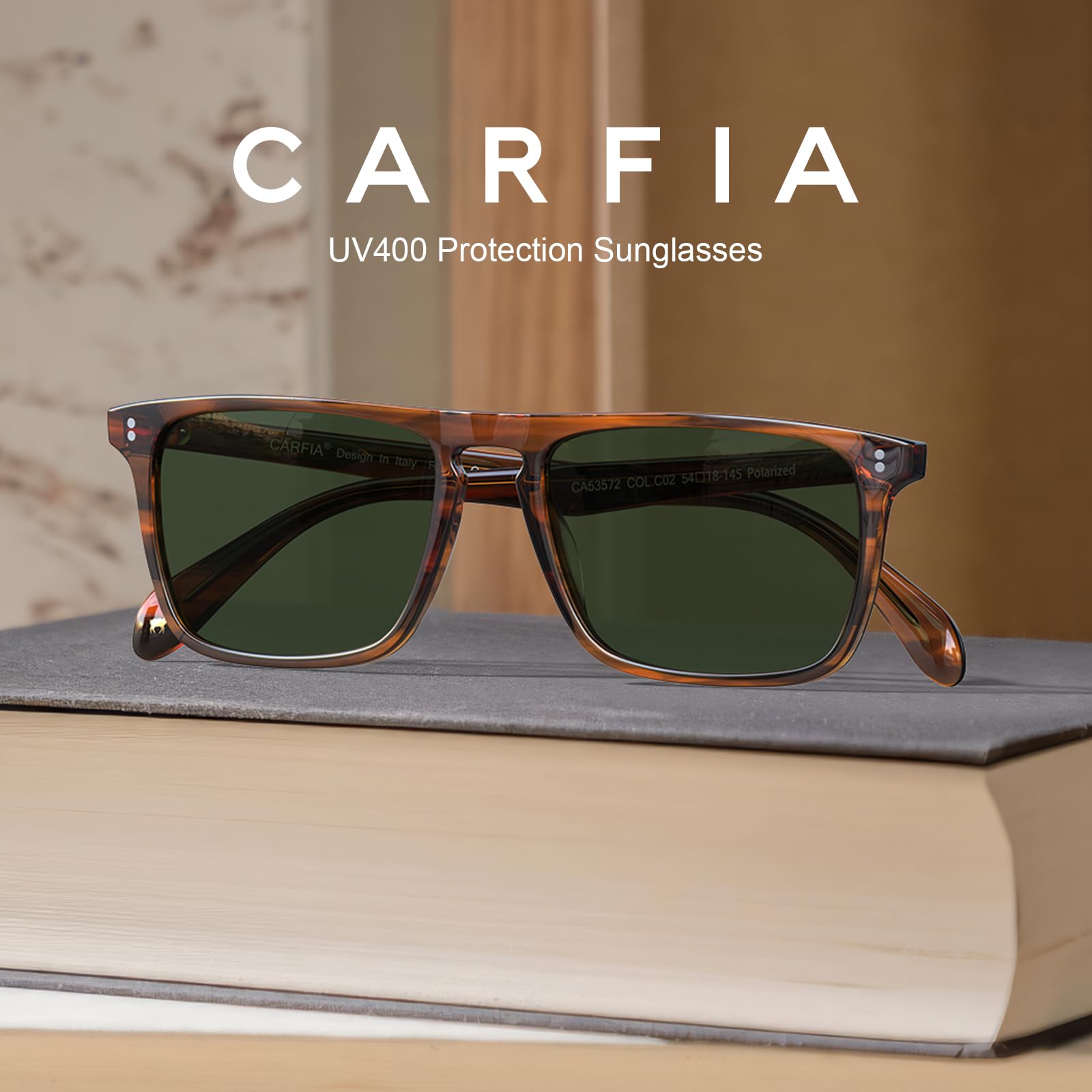 Carfia Occhiali da Sole Polarizzati Retrò da Uomo Protezione UV 400 Montatura Rettangolare in Acetato Design di Marca alla Moda CA53572