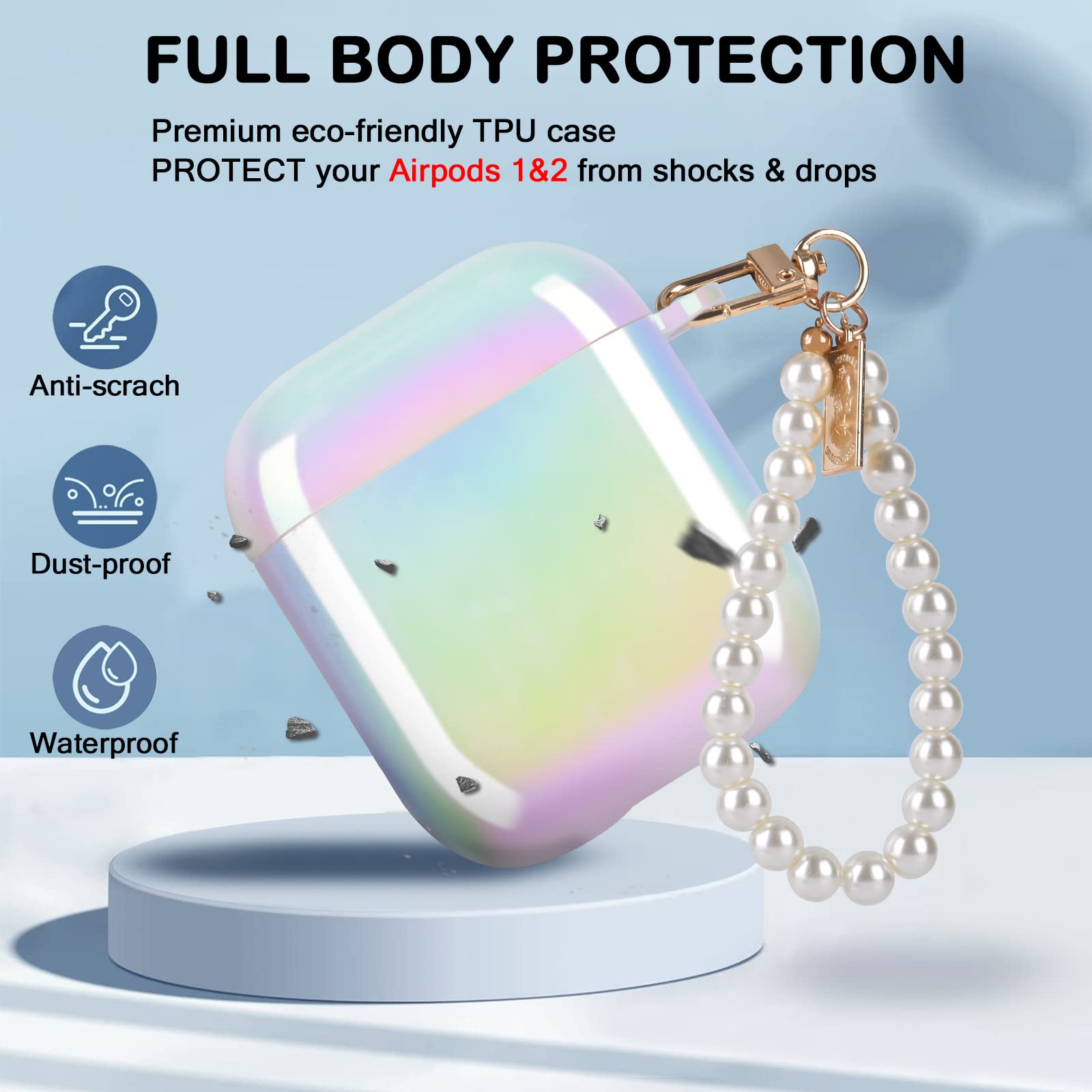 Custodia Scintillante Per AirPods 1/2 Gen Con Portachiavi A Perla - Cover In Silicone Morbido Antiurto Con Glitter, Viola, Protezione 360° - copertina