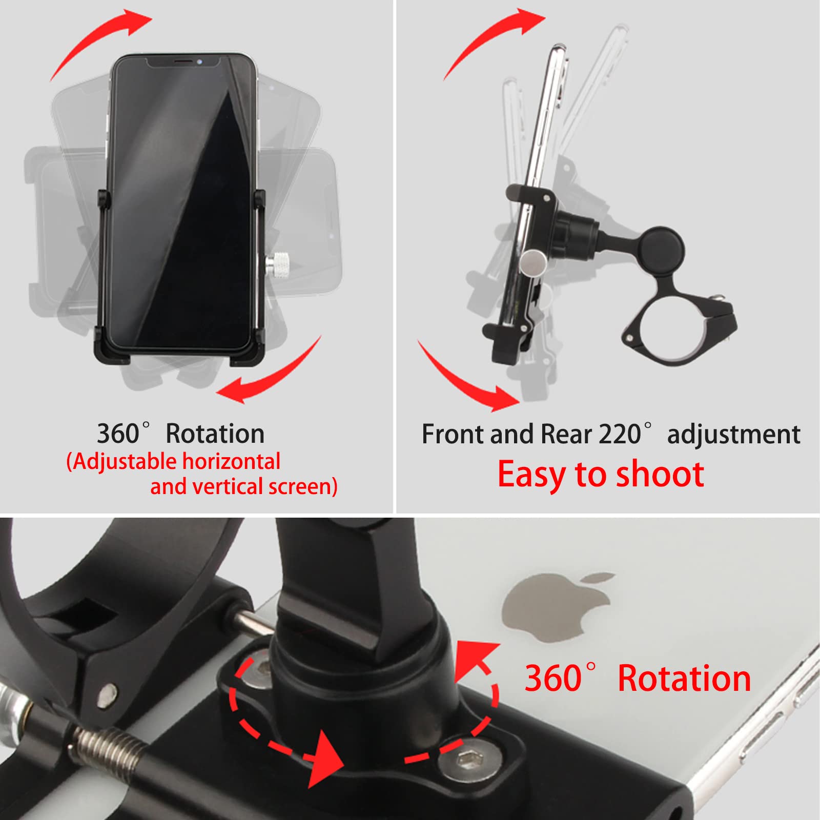 Soporte Teléfono Móvil Motocicleta, Soporte Smartphone Bicicleta, Aleación de Aluminio 360° Ajuste Giratorio Universal Manillar Bicicleta (para Teléfono 3.5"-7.2" Pulgadas)