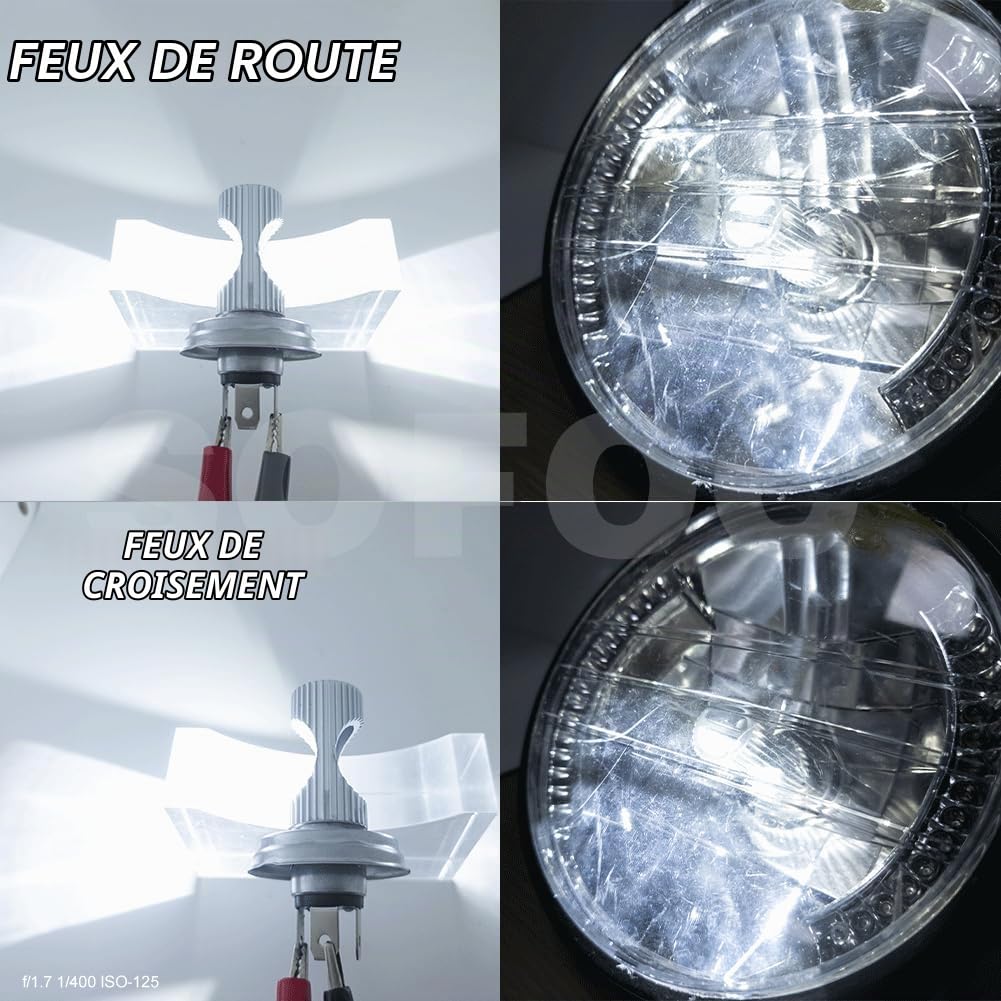 SOFOC R2 P45T Ampoule LED pour Phare de Moto/Voiture Blanc Froid 6500K 6V 12V 24V Compatible avec 6-30V AC/DC 2000LM 300% Plus Lumineux que Halogène Code/Croisement 2SMD 1pcs