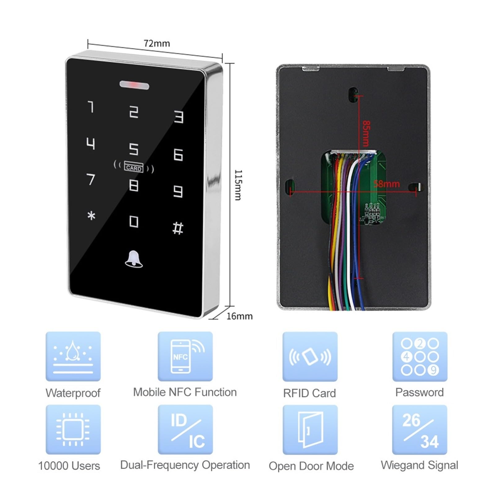 Teclado de control acceso con tarjeta doble frecuencia táctil retroiluminación y apertura cerradura puerta salida WG a prueba agua,Seguridad mejorada(Keypad with ID Keys)