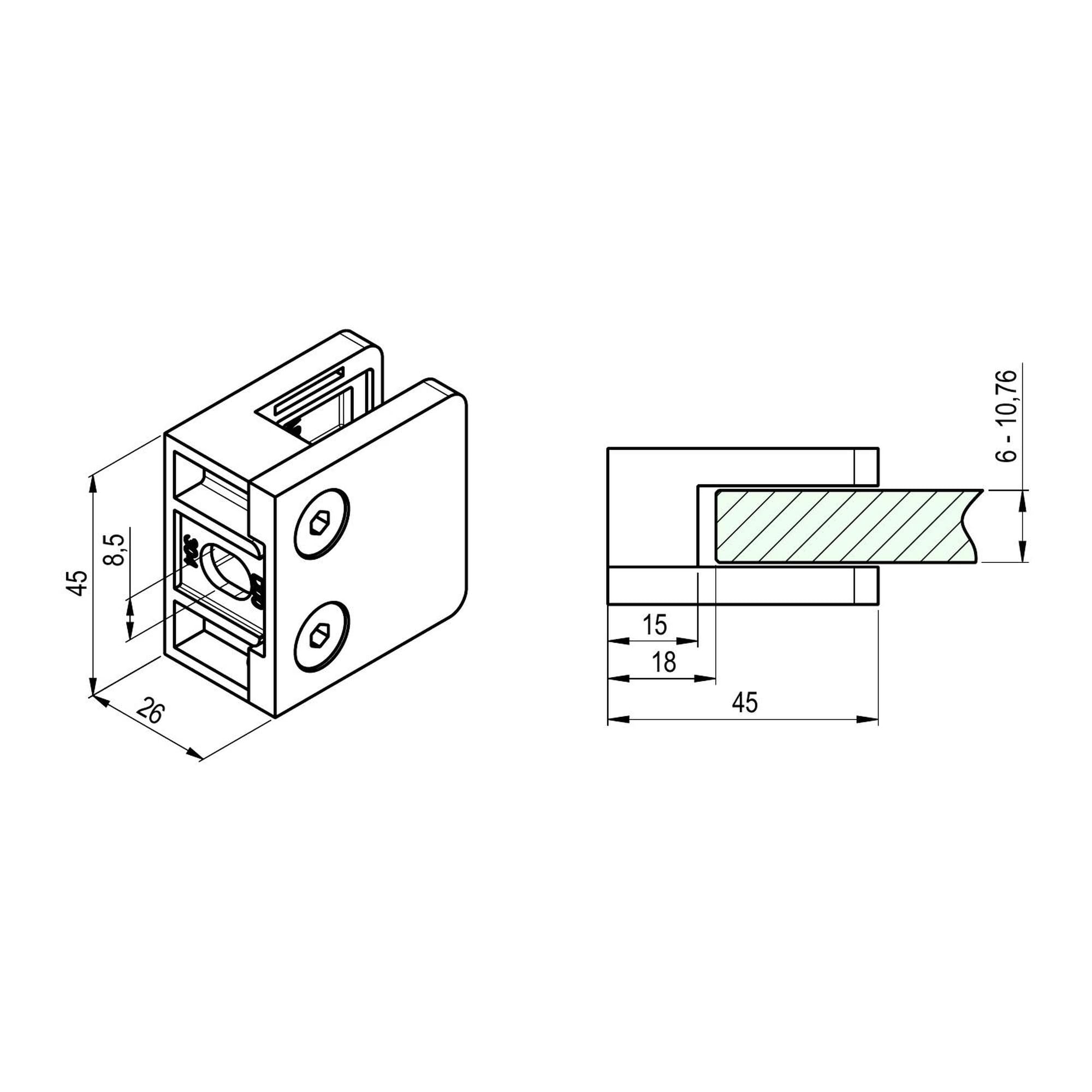 Sellon24 Zacisk szklany ze stali nierdzewnej V2A prostokątny 45 x 45 x 26 mm do szkła 8,76 mm - 12 sztuk uchwytów na szkło, model 23, przyłącze płaskie, szlifowane, w zestawie 24 wkładki gumowe i 24
