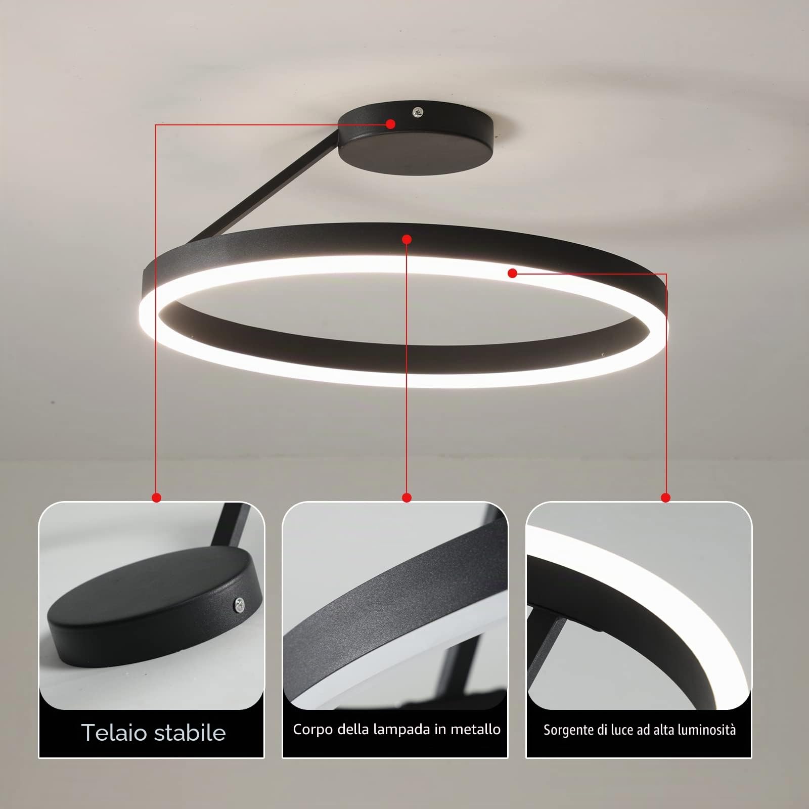 Plafoniera moderna per ristorante a LED Lampada da soffitto di design nordico semplice a cerchio singolo nero, per montaggio a incasso Camera da letto Cucina Illuminazione domestica